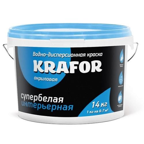 Краска водно-дисперсионная интерьерная 14 кг., супербелая, синяя Krafor (Крафор)