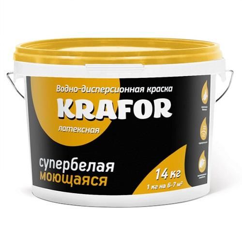 Краска водно-дисперсионная латексная интерьерная моющая 14 кг., супербелая Krafor (Крафор)